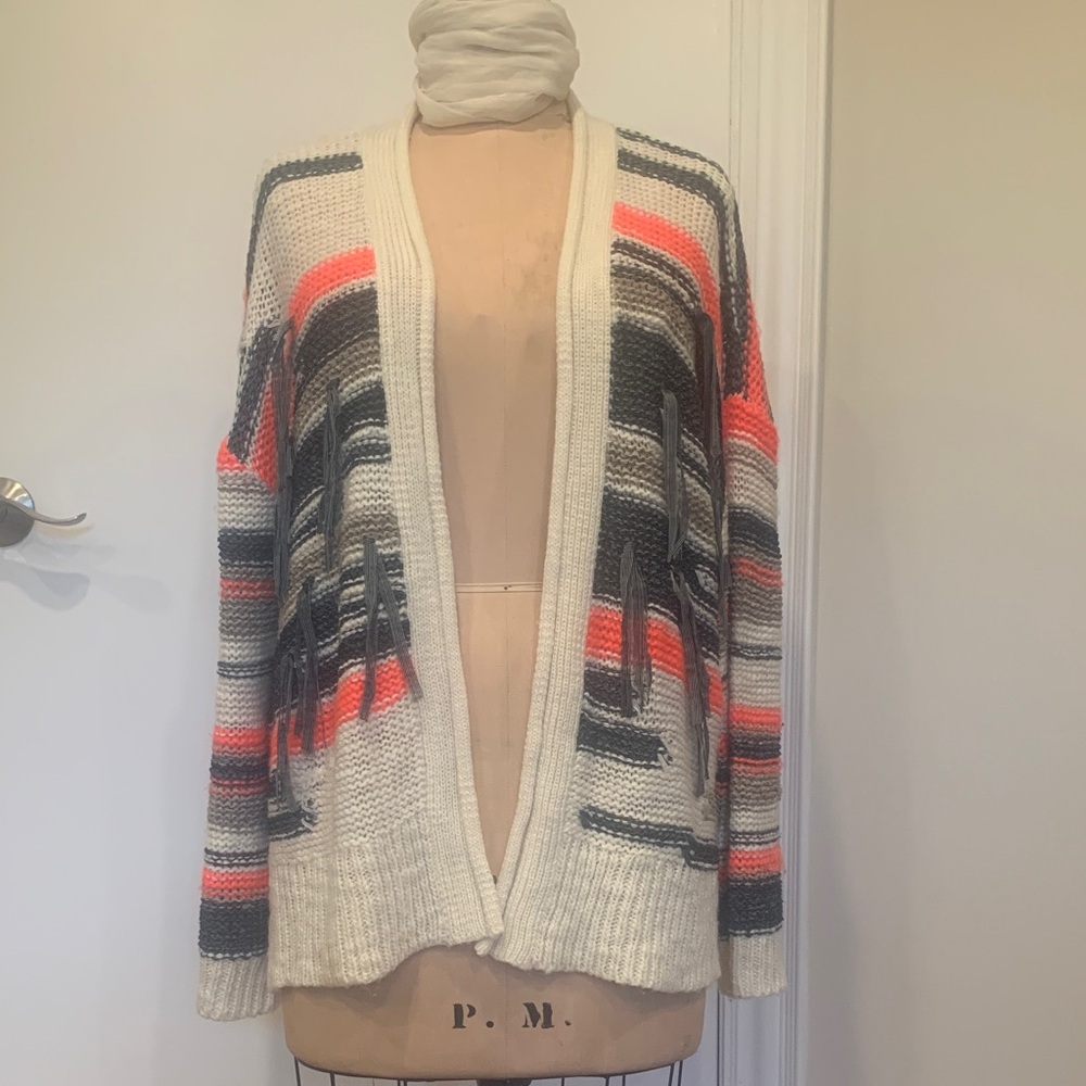 Topshop Multicolor loose knit Striped Cardigan with fringe detail